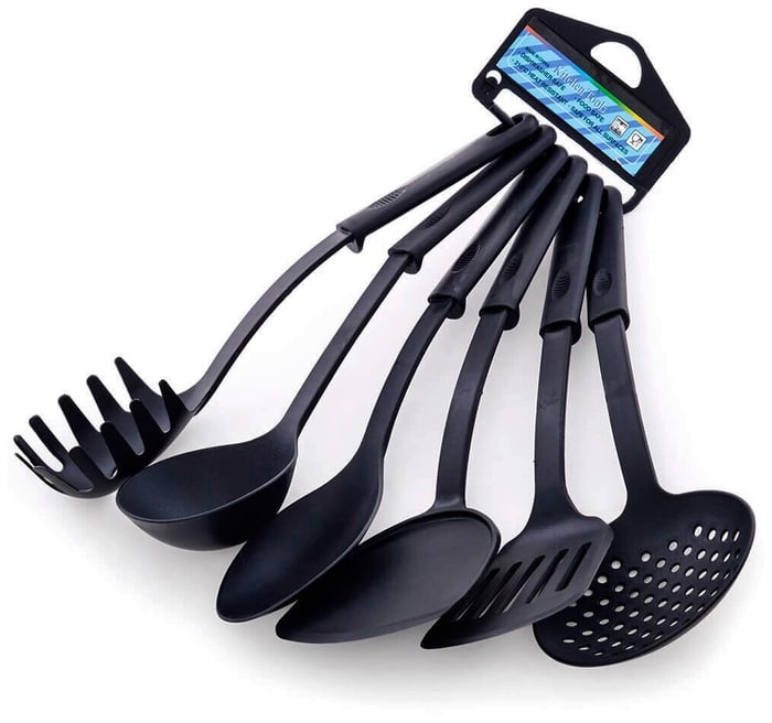 Набор кухонных инструментов для тефлоновой посуды. Половник, ложка поварская, ложка для спагетти, лопатка (6 предметов).