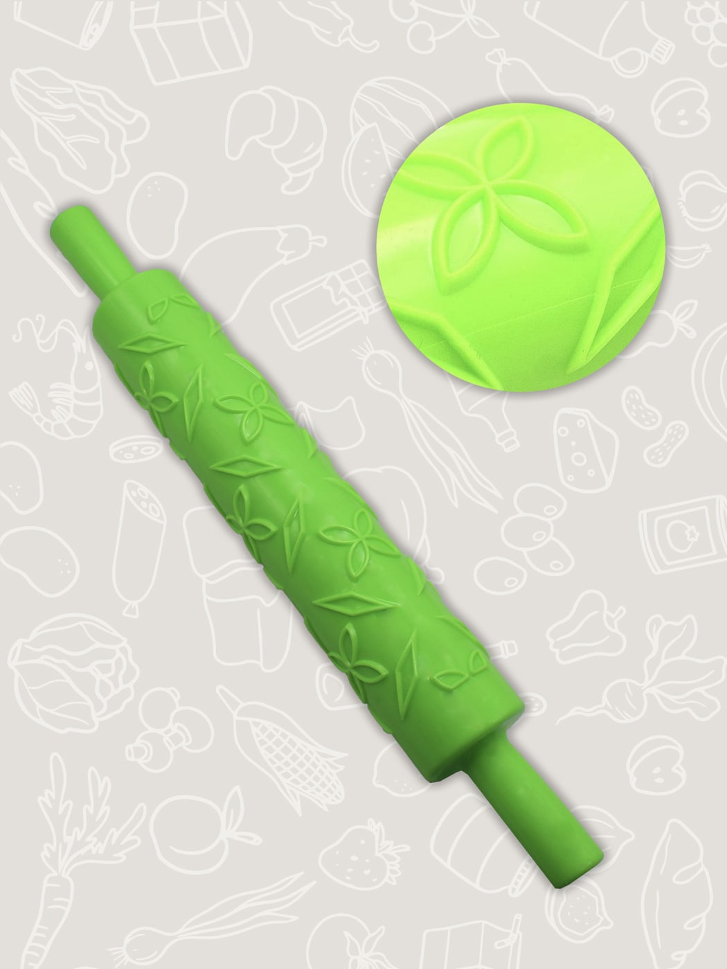 Скалка с узором Лепестки, пластиковая, зеленая.